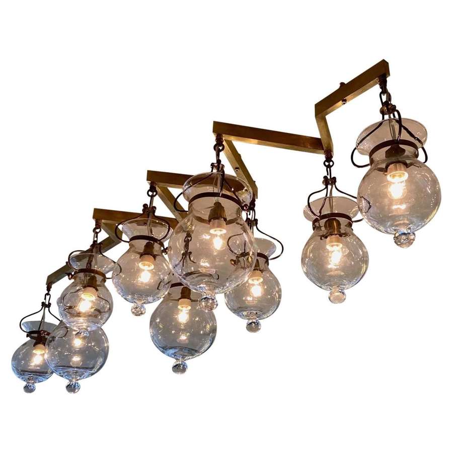 Large 1970's Brass and Murano Glass Chandelier with 9 Lanterns