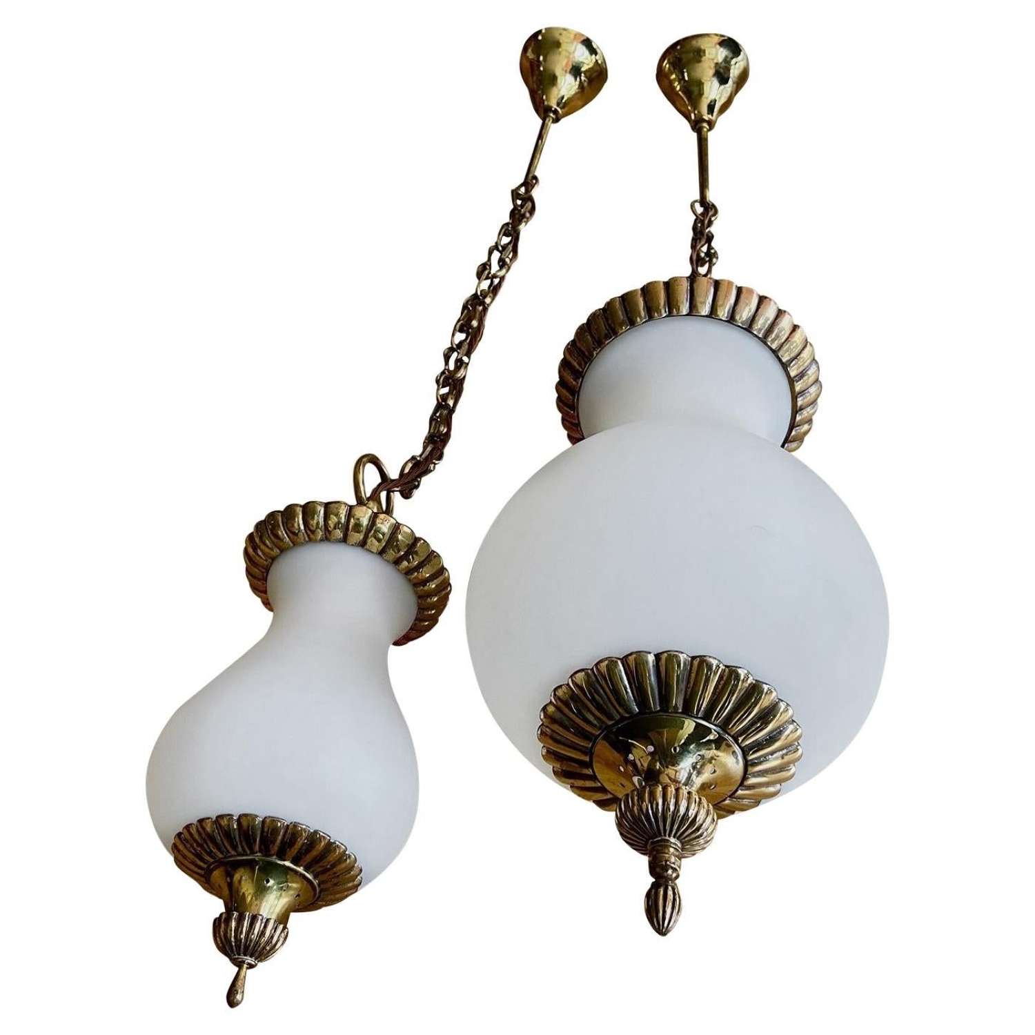 One Large and One Small Glass and Brass Lanterns or Pendant Lights