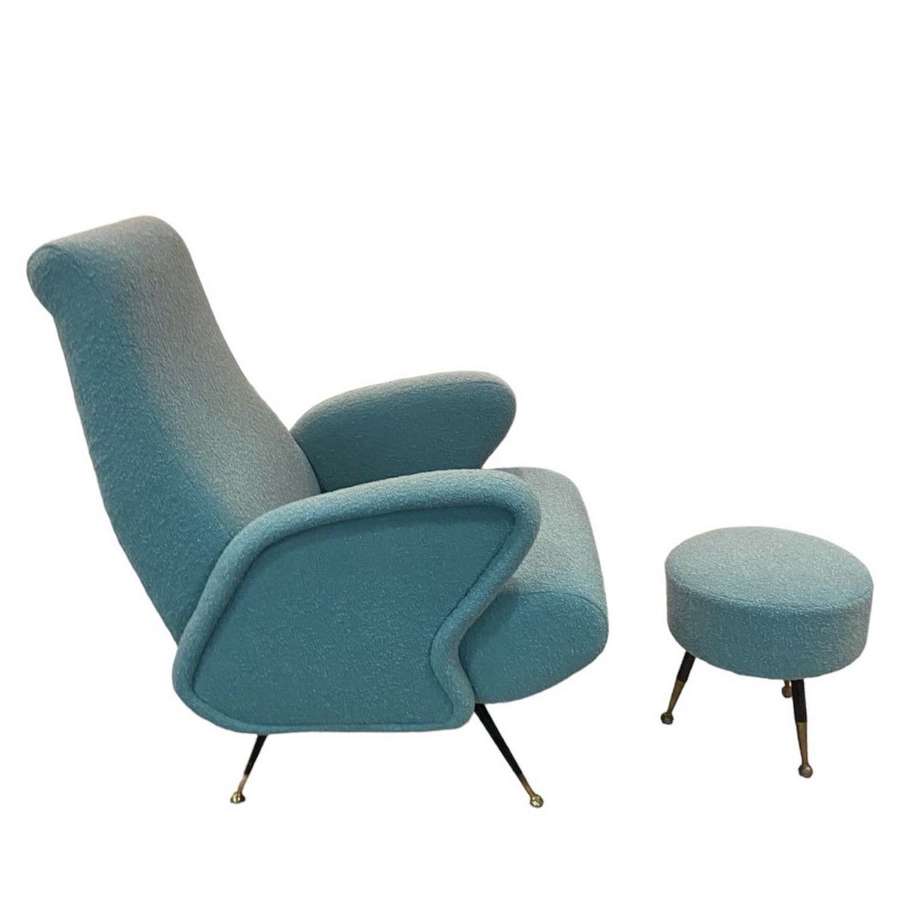 A sculptural 1950's italian blue lounge chair and stool