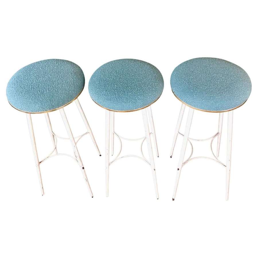 A set of 3 Mid-Century Bar Stools, White Metal, Brass and Pastel Blue