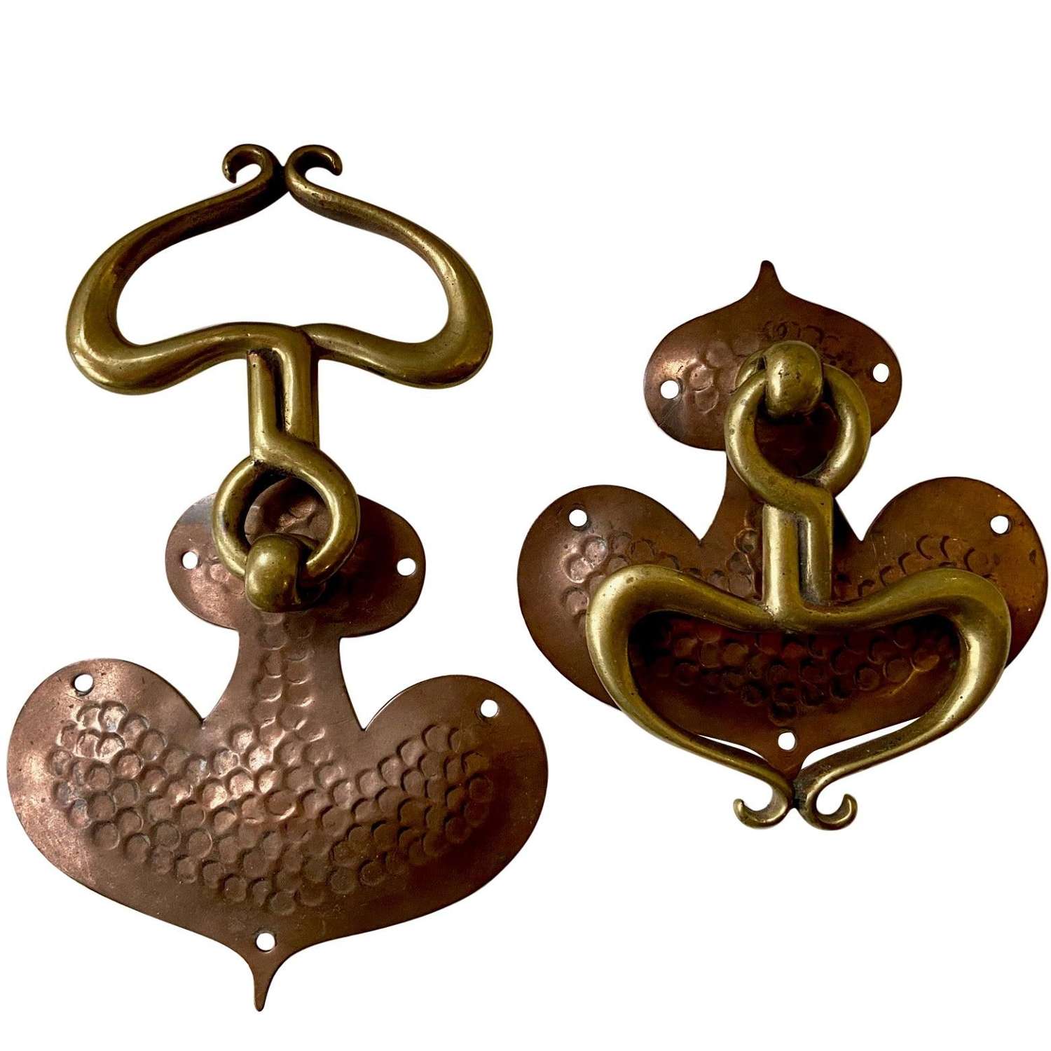 Arts & Crafts Art Nouveau Drop Pull Handles, Brass and Beaten copper