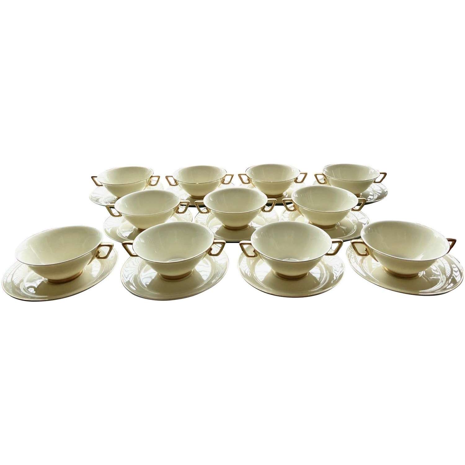 10 Art Deco Limoges White and Gold Soup Bowls by Marcel Goupy