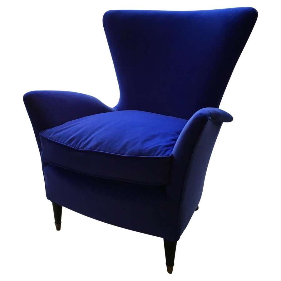 Single Sculptural Italian Mid-Century Lounge Chair, Blue Velour,1950’s