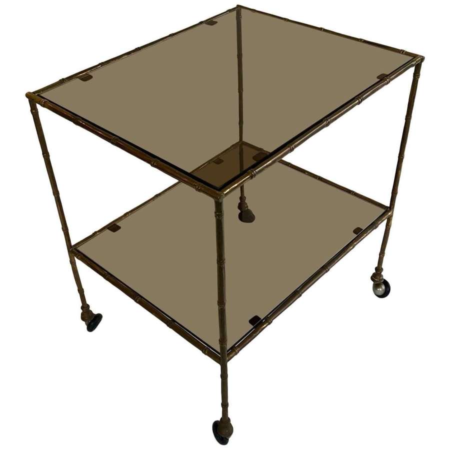 Brass Faux Bamboo 2-Tier Side Table, Drinks Trolley or Cart, France