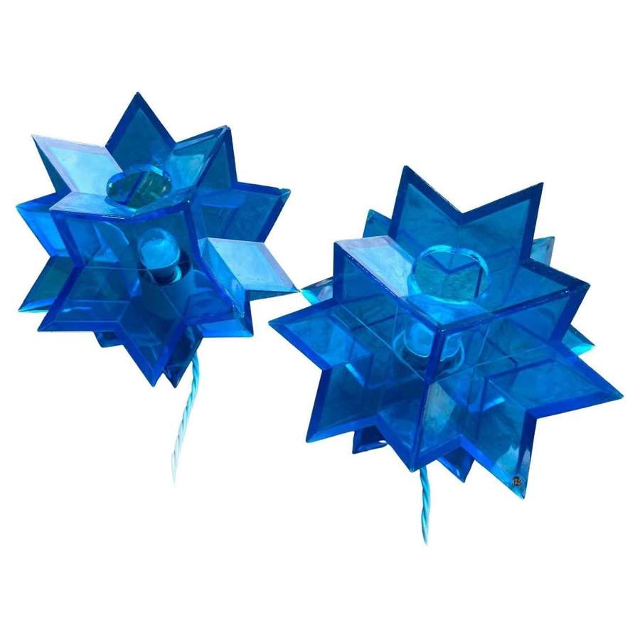 Pair of Midcentury Italian blue acrylic perspex star shaped table lamp