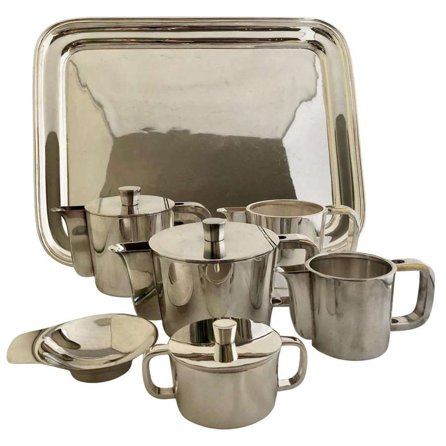Midcentury Gio Ponti Silvered Coffee and Tea Set on a Rectangular Tray