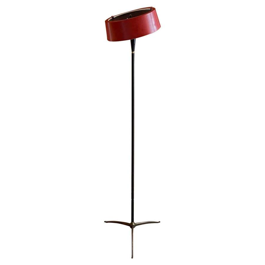 1950's Italian black and brass floor lamp with tilting red shade