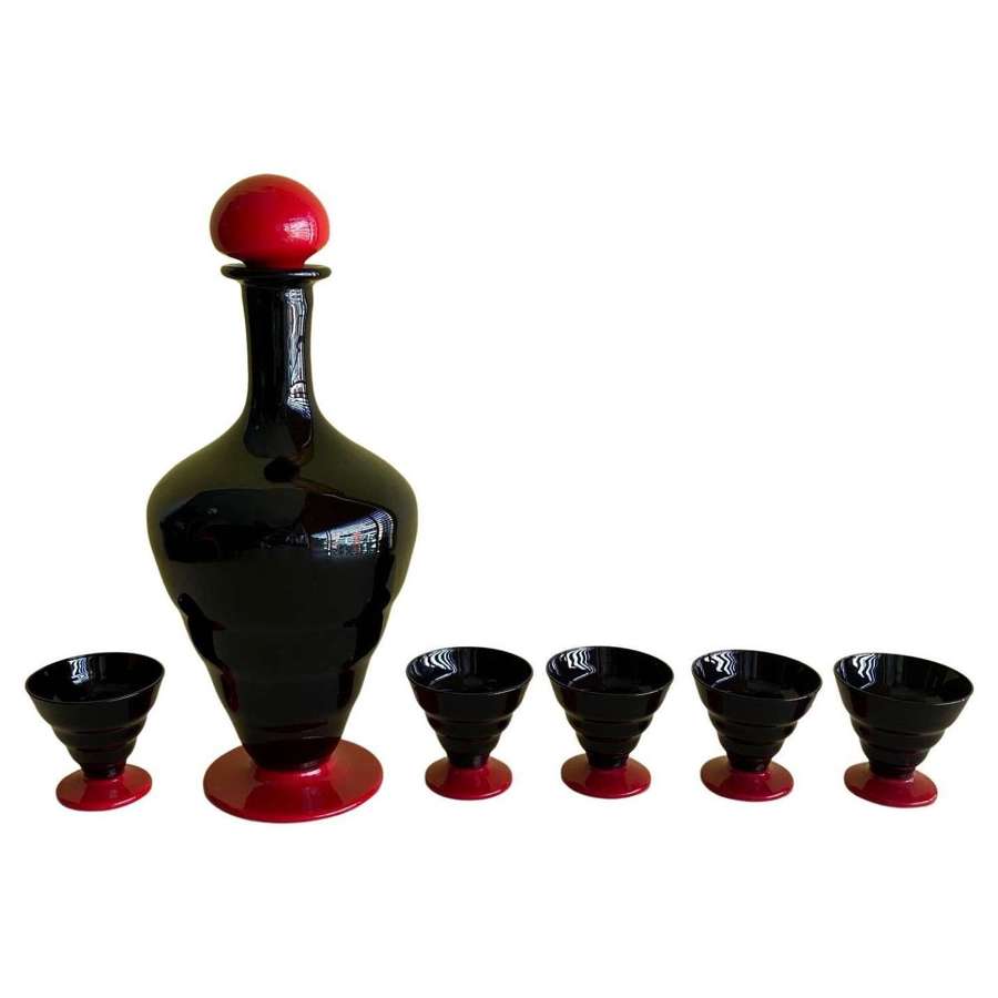 Art Deco black and red Murano glass liqueur set, decanter & 5 glasses