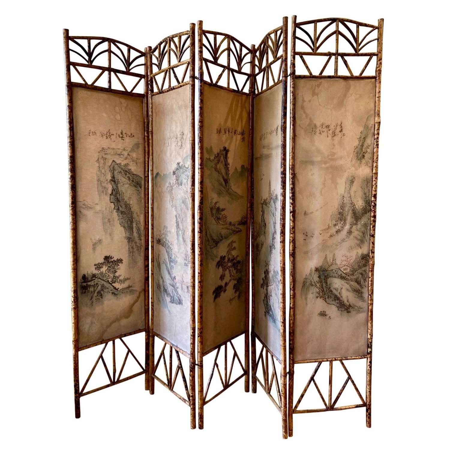 Old vintage bamboo room divider /screen with Chinese paintings on silk