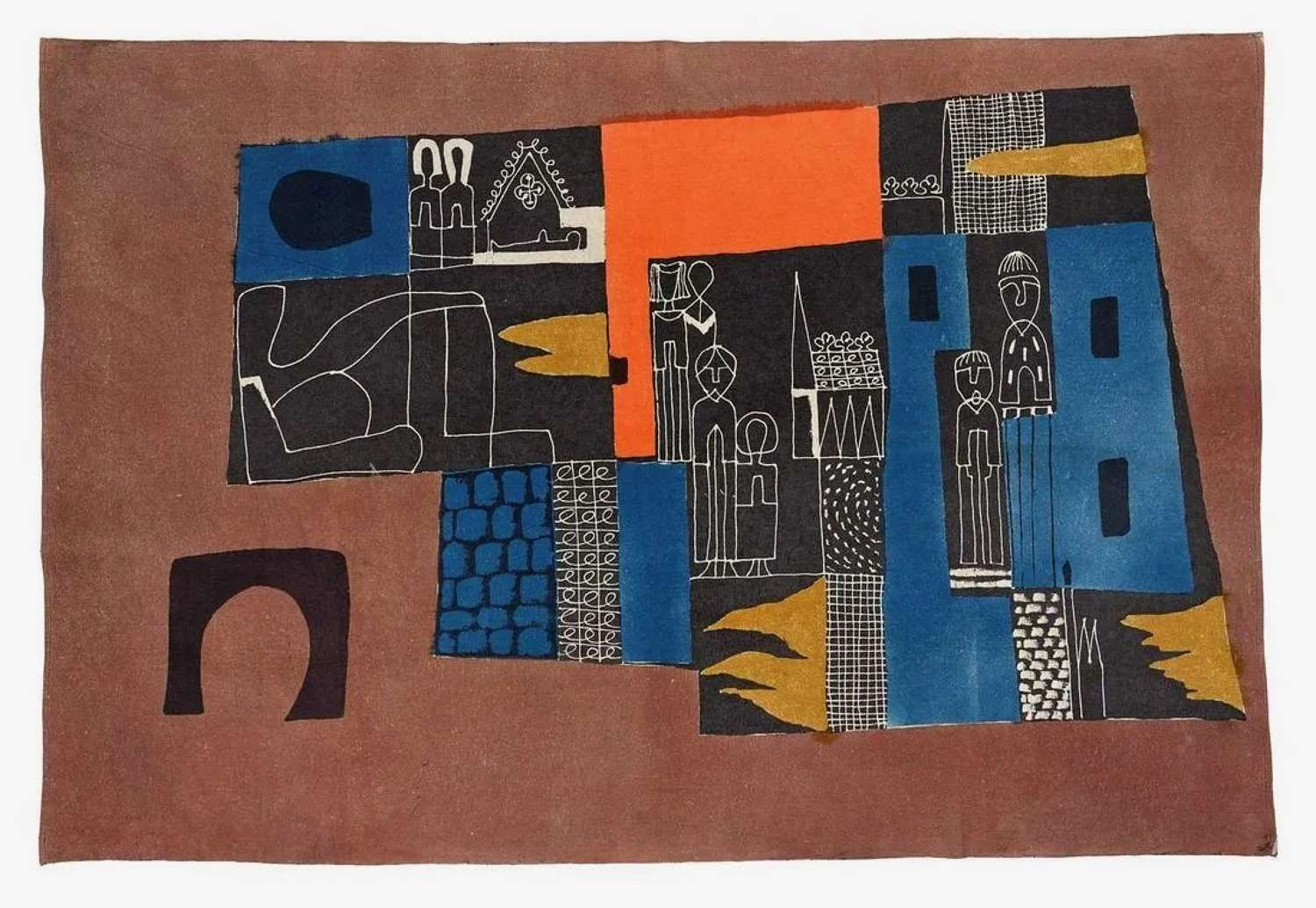 M. O'Connell (1898-1976) 'Figures andTowers' paste resist on cotton